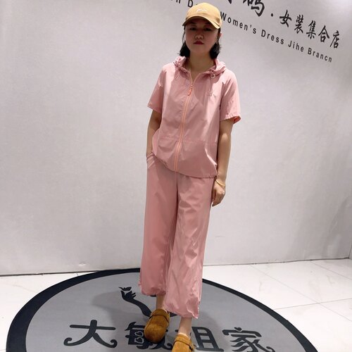 3092女权贵族夏款新品拉链连帽上衣搭配松紧腰休闲裤两件套加大码