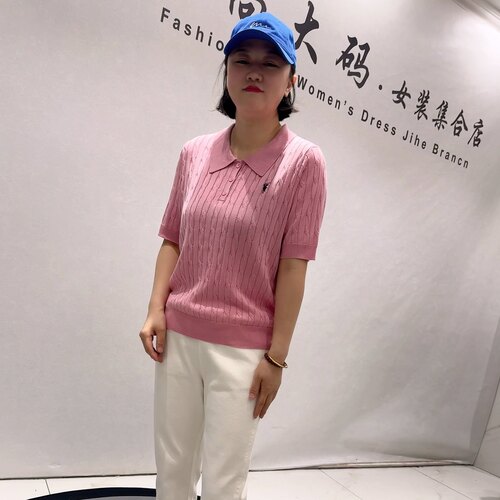 3819女权贵族初夏新品休闲百搭减龄Polo领上衣针织衫加大码女装