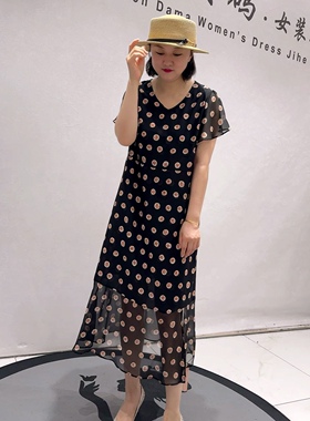 5338芮娜依莲夏款新品底边开衩v领女人味显瘦减龄连衣裙大码女装