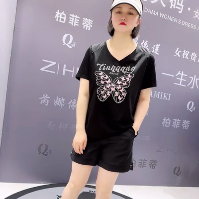 芮娜依莲夏款6088天丝棉亮钻蝴蝶图案捏褶设计遮肉显瘦衫大码女装