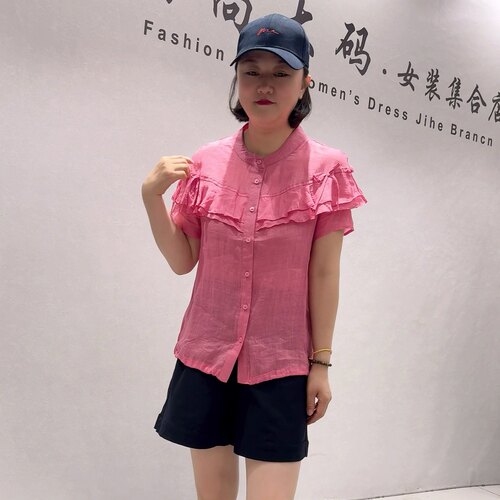 3003女权贵族夏款新品底边可抽绳设计感荷叶边气质衫加大码女装