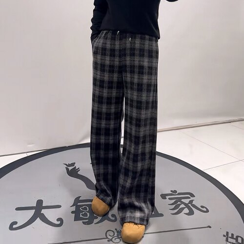 76页80726秋款新品松紧腰厚实面料休闲百搭减龄格子裤加大码女裤