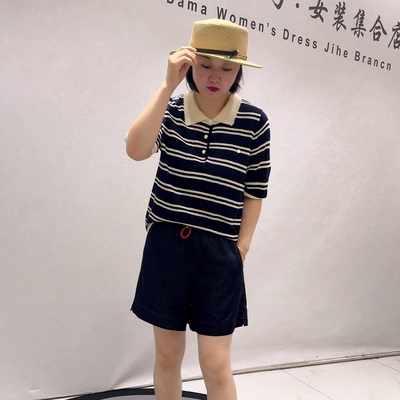 6333女权贵族初秋新品polo领针织面料百搭减龄条纹衫加大码女装