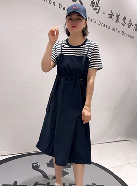 3162女权贵族初夏新品可抽绳假两件时尚休闲减龄工装裙加大码女装