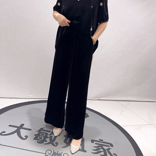 女裤 9717芮娜依莲春款 加大码 松紧腰高档女人味洋气丝绒阔腿裤 新品