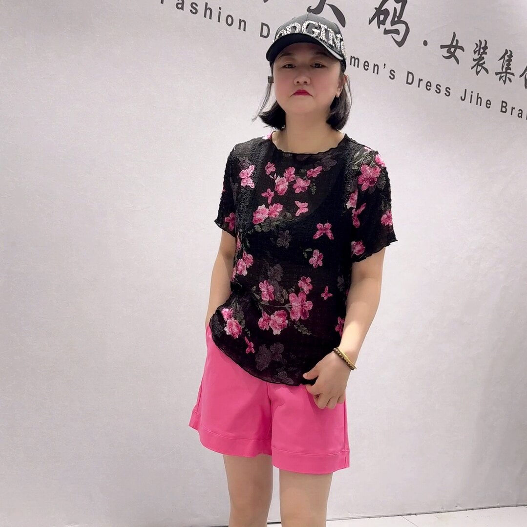 5122芮娜依莲夏款新品单层褶皱面料气质风上衣碎花衫加大码女装