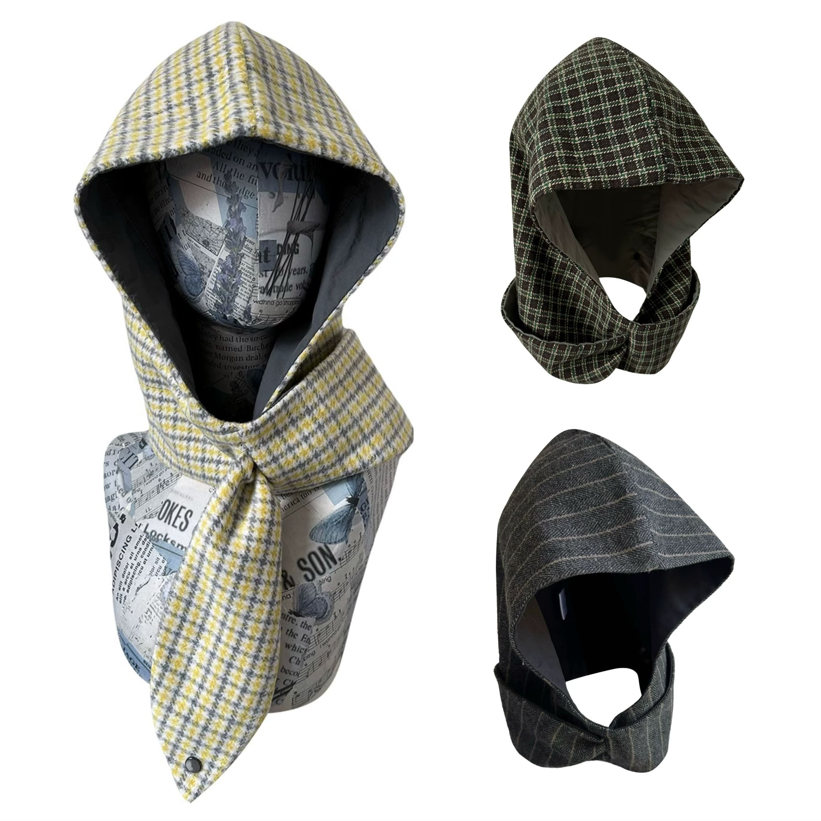 秋冬新品时尚保暖连帽围巾黄色格纹围巾帽一体式冬季保暖头巾帽