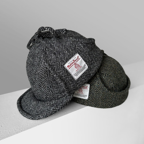 HarrisTweed雷锋帽复古格子百搭保暖粗花呢羊毛帽护耳户外飞行帽
