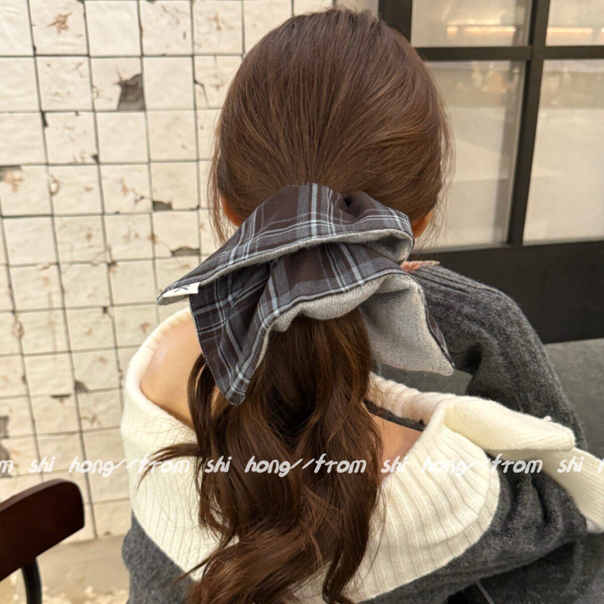 韩国新款复古格纹双面撞色针织款方巾发圈秋冬气质头绳高弹力皮筋