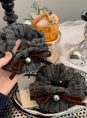 东大门灰色条纹蝴蝶结双层大肠发圈女扎头发丸子头发绳发圈发饰