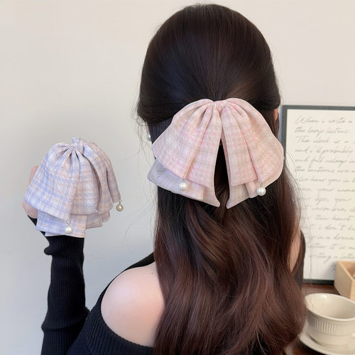 清新甜美格纹蝴蝶结抓夹女高级感发卡百搭后脑勺马尾夹半扎发发夹