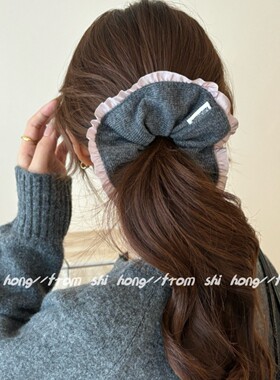 韩系灰色毛线针织花边大肠发圈女气质超大丸子头马尾头绳秋冬头饰