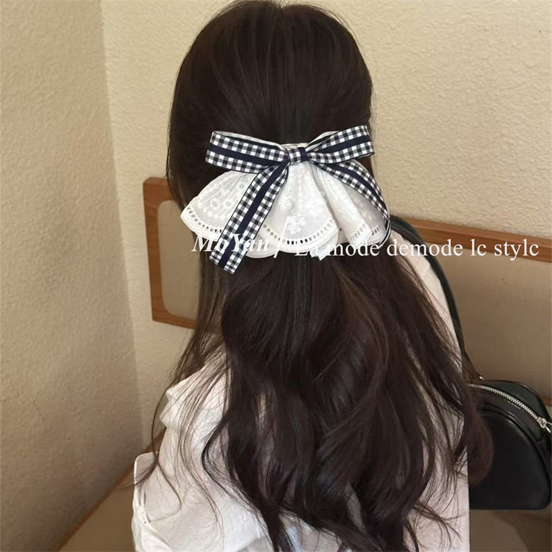 韩版设计感格子蝴蝶结发夹蕾丝裙摆弹簧夹后脑勺气质飘带顶夹发卡,饰品/流行首饰/时尚饰品新,发饰,淘宝优惠券,粉丝福利购,淘宝优惠卷