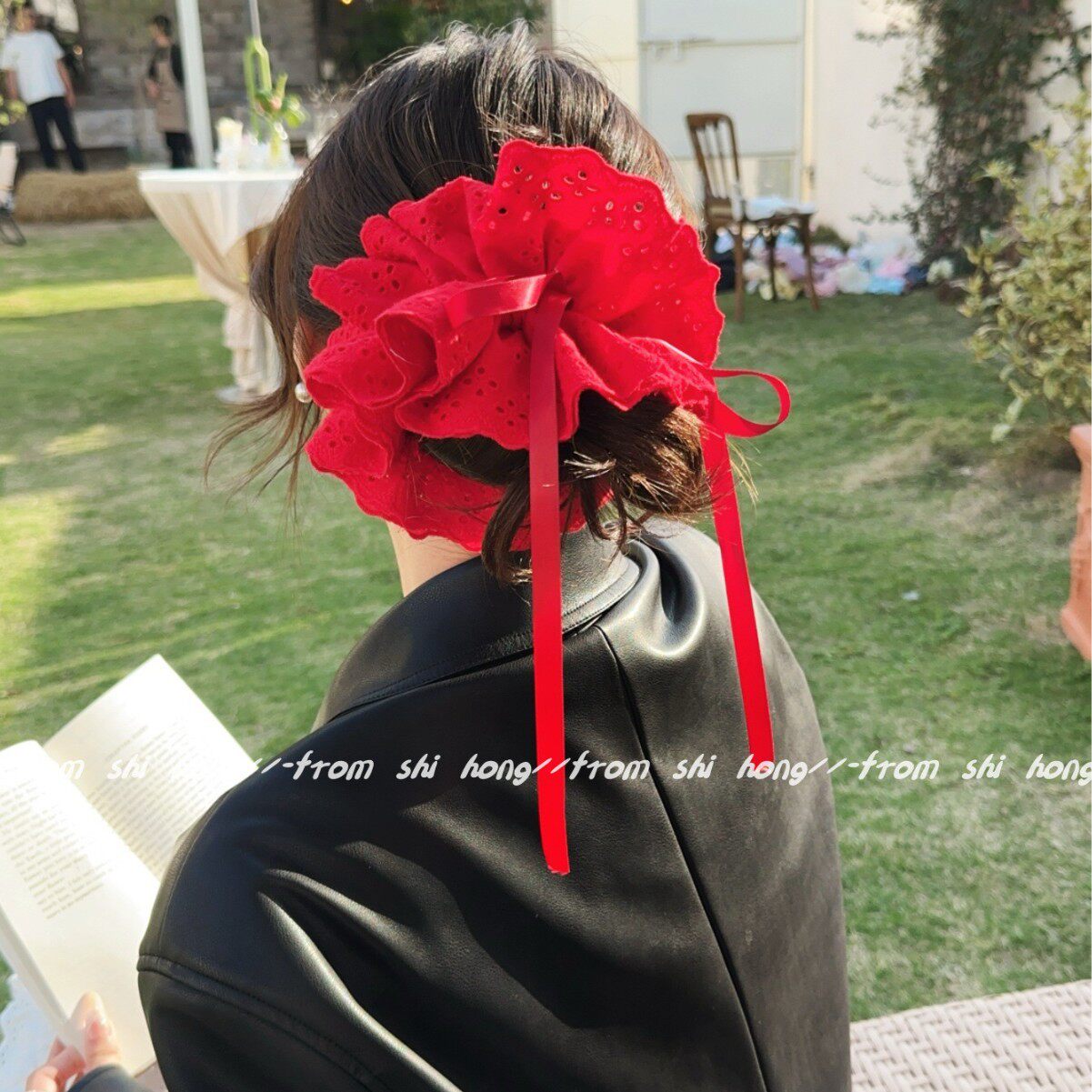 红色抽绳四层蕾丝花边头花发圈女韩系温柔低马尾发绳麻花辫绑头绳