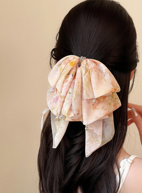 超仙橙色印花飘带蝴蝶结抓夹女网红新款轻奢马尾夹夏日度假风发夹