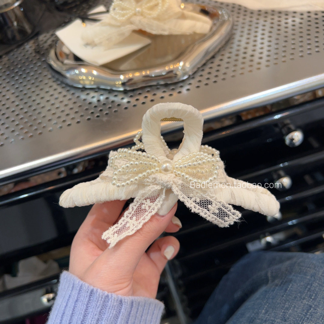 甜美珠珠蝴蝶结抓夹少女气质缠绕丝带鲨鱼夹高级感后脑勺盘发抓夹