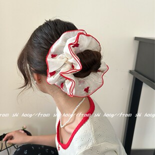 红色刺绣玫瑰花朵大肠发圈2026春夏新款扎发丸子头高端发绳头绳女