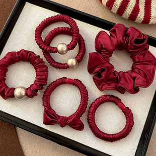 红色珍珠蝴蝶结头绳2026新款高端发绳头饰高弹力丸子头花发饰发圈