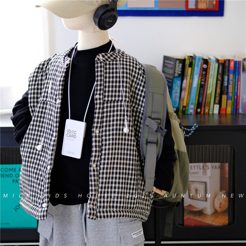 男童冬装黑白格夹棉马甲背心