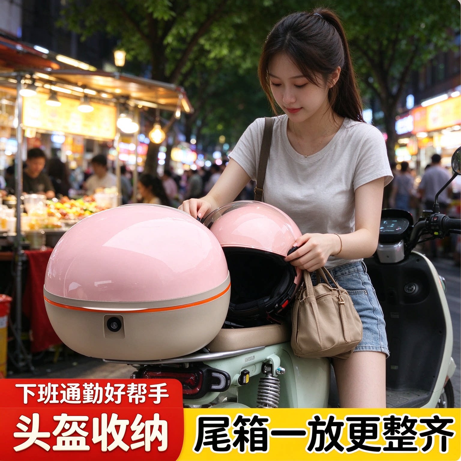 防水电动车后备箱圆润造型踏板电瓶车尾箱带锁设计头盔随身物品