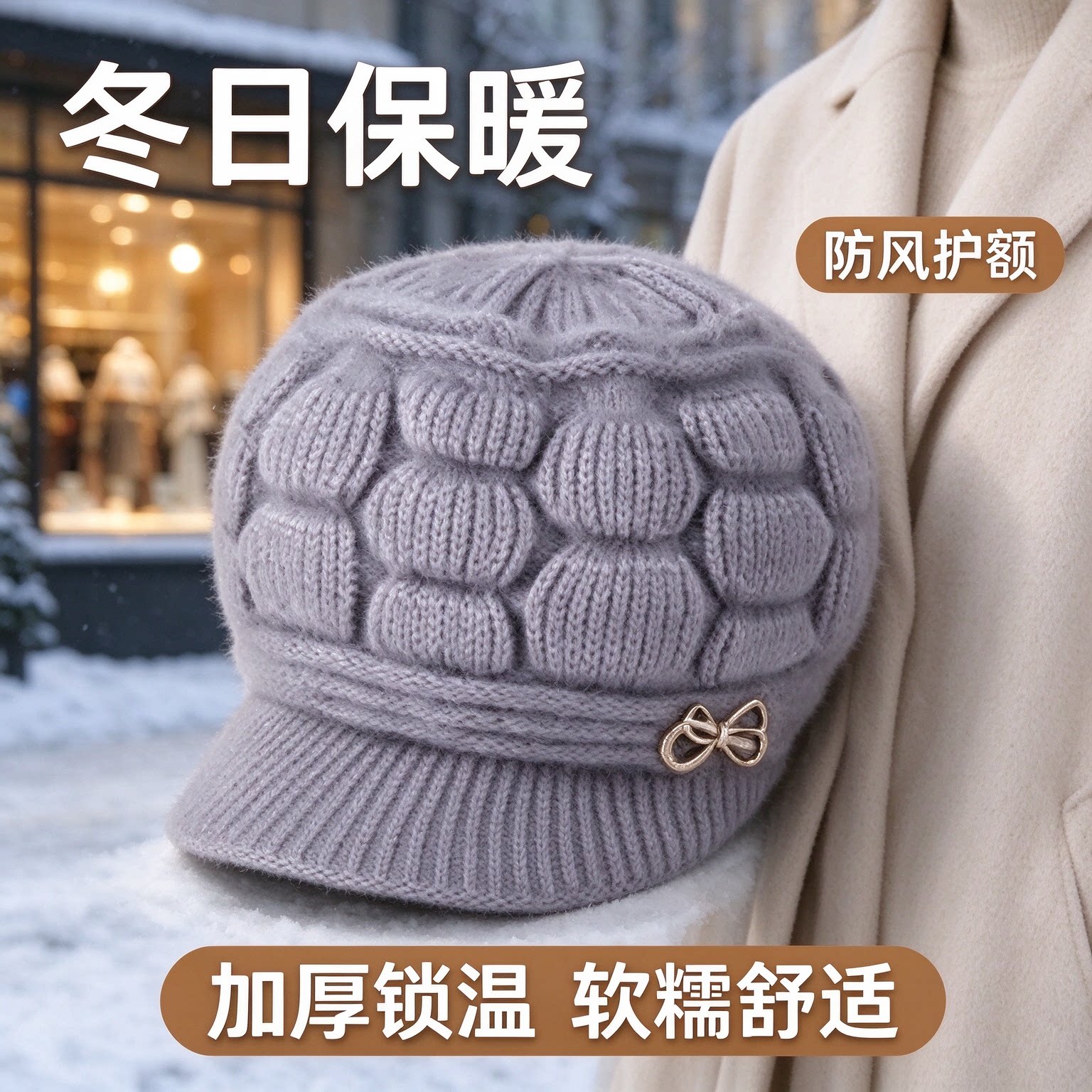 中老年女士暖绒针织帽短檐鸭舌款蝴蝶结装饰秋冬户外防寒护额