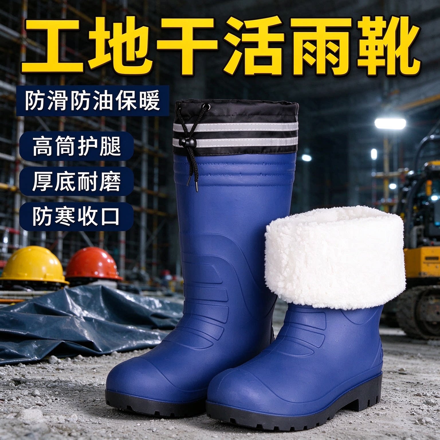 加厚保暖高筒雨鞋收口抽绳雨靴男防水防滑防油防酸碱加大加肥胶鞋