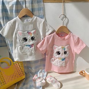 t恤夏女宝宝衣服 超爱 立体卡通可爱猫咪带钻甜美上衣新款 短袖 夏季