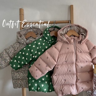 秋冬女童三防加厚羽绒服外套90白鸭绒爱心宝宝幼儿连帽中长款棉袄