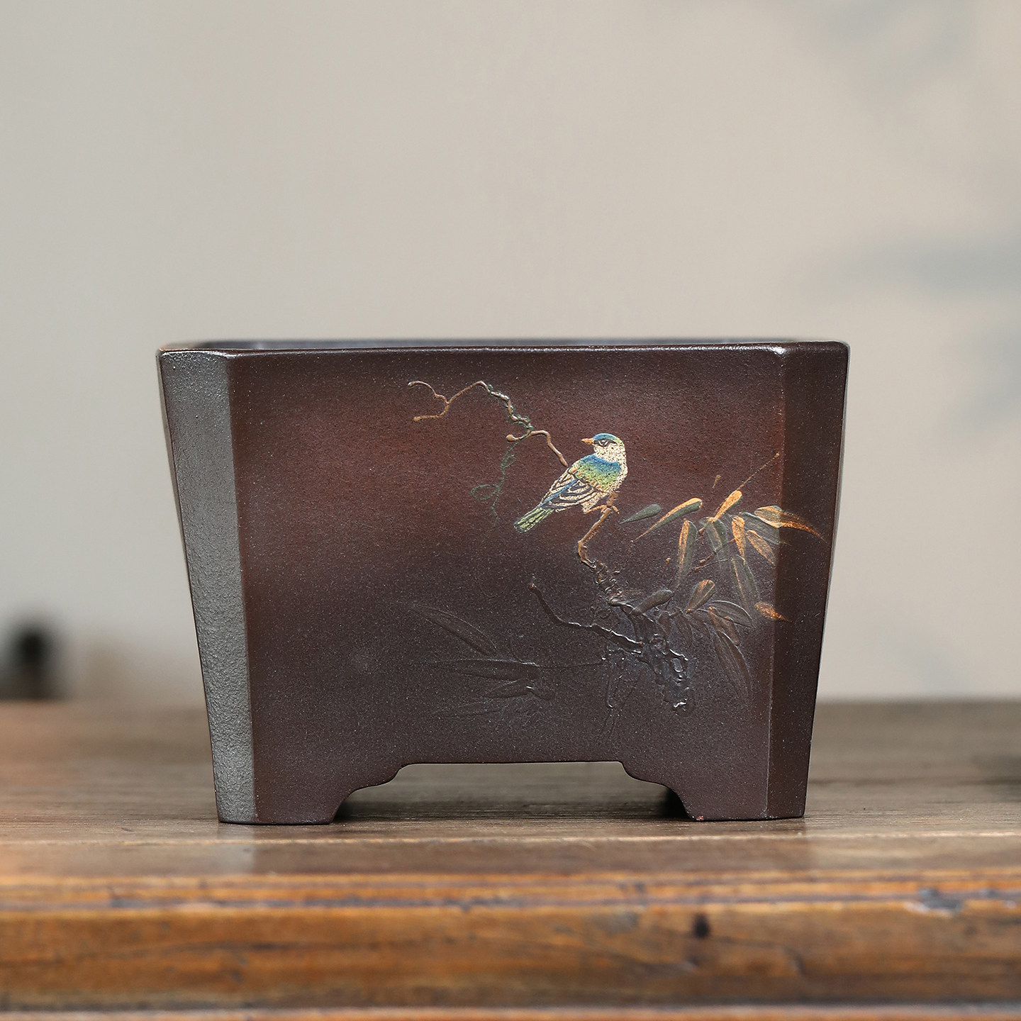 清香阁紫砂花盆手工立体泥绘花鸟方形盆栽盆景古红泥古典复古花器