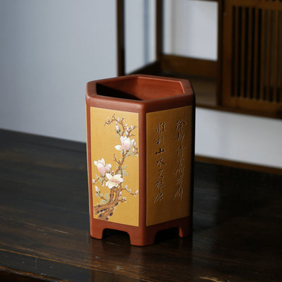 清香阁雅奢 双色精品紫砂盆 手工彩绘六方蕙兰墨兰悬崖盆景老桩花