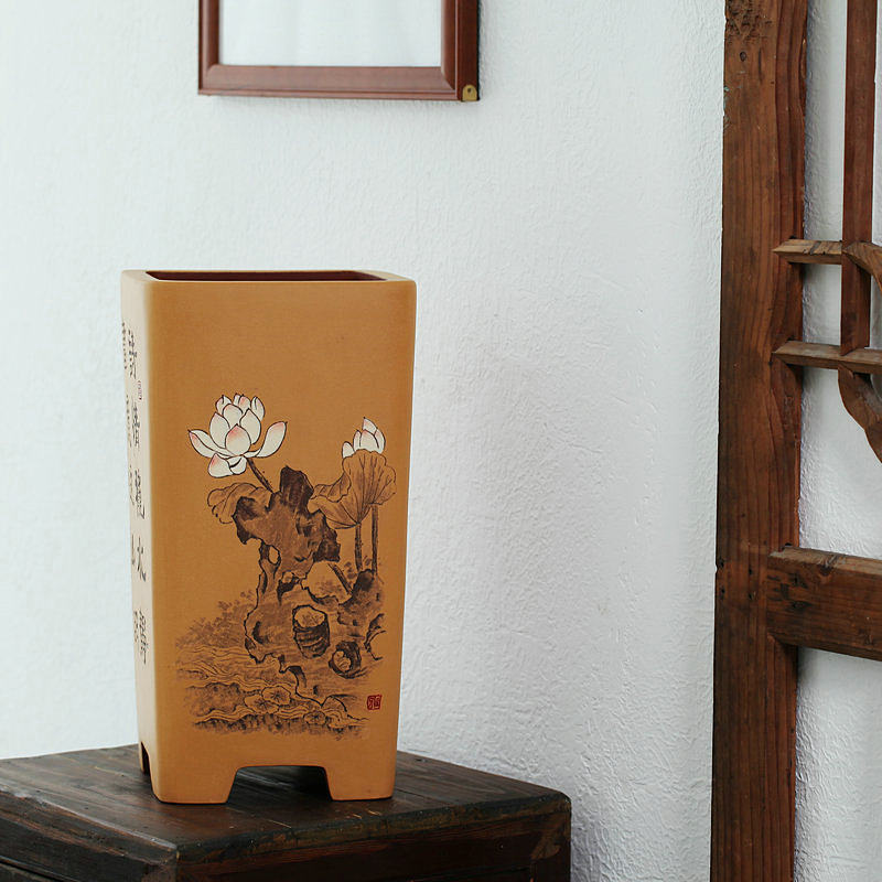 宜兴原矿紫砂彩绘四方特大签筒李超精制客厅玄关悬崖盆景绿植花盆