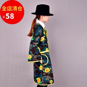 原创设计 春装新款宽松显瘦复古文艺范印花迷彩风衣中长款外套