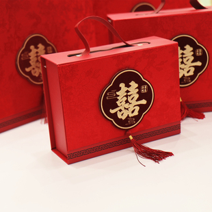 高档布艺磁吸礼盒成品硬质订结婚喜糖盒中式锦缎红色伴手礼手提盒