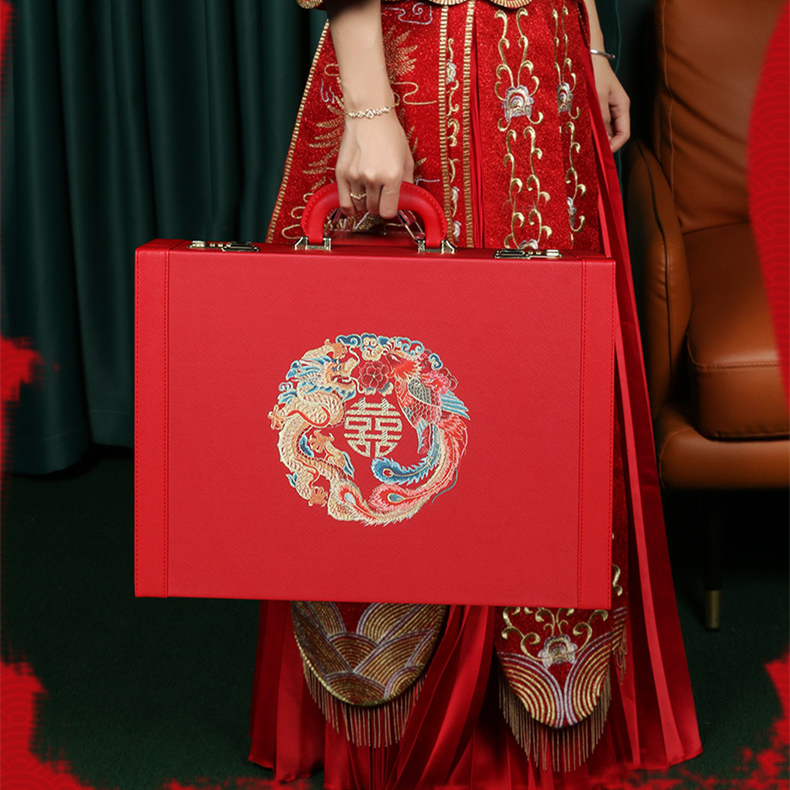 结婚礼金箱聘礼彩金盒10万20万定金皮箱龙凤刺绣中式复古嫁妆礼盒