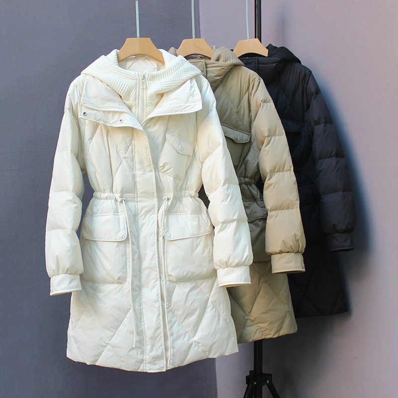 假两件中长款连帽收腰羽绒服外套