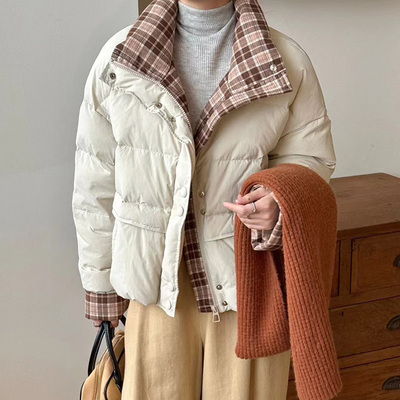拼接格子韩版羽绒服短款立领外套