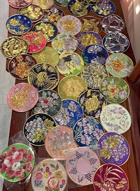苏绣老绣片 牡丹花花鸟圆形布贴手工diy绣花布片衣服手工辅料杯垫