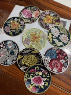 苏绣老绣片 牡丹花花鸟圆形布贴手工diy绣花布片衣服手工辅料杯垫