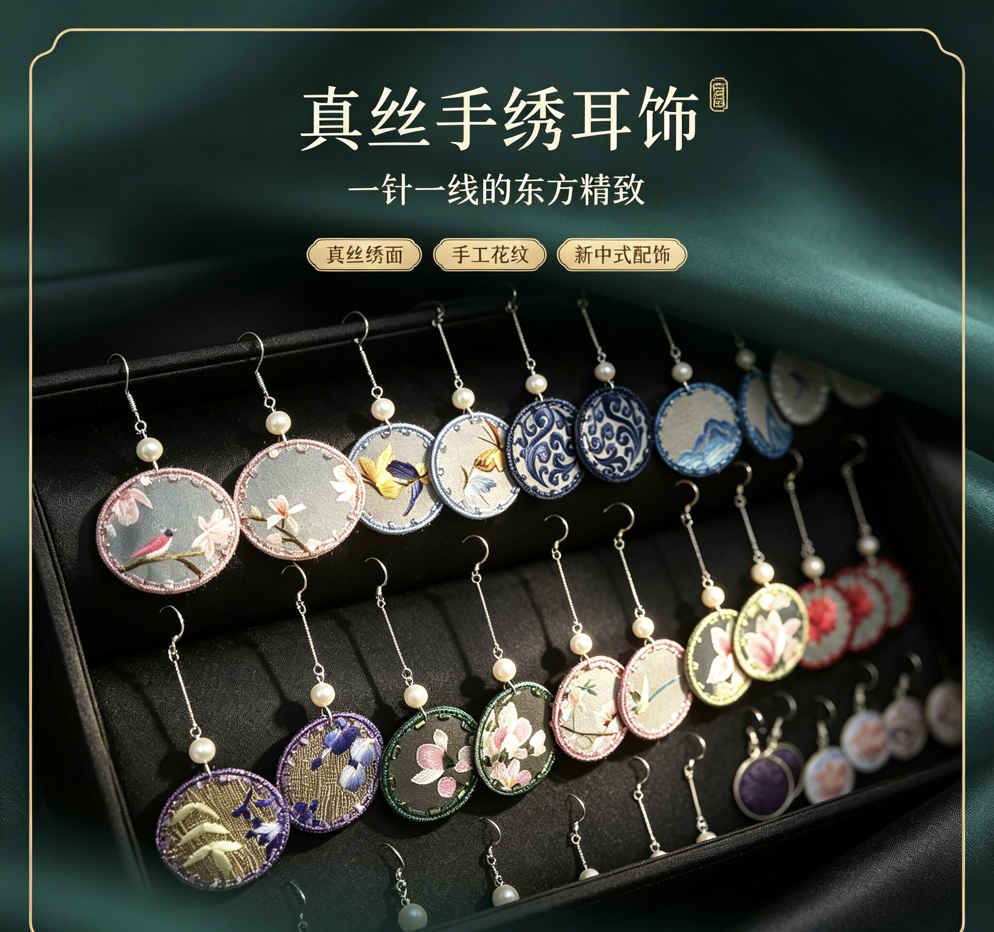 天然珍珠苏绣法绣双面绣耳环女新款新中式高级925银针耳坠耳饰品