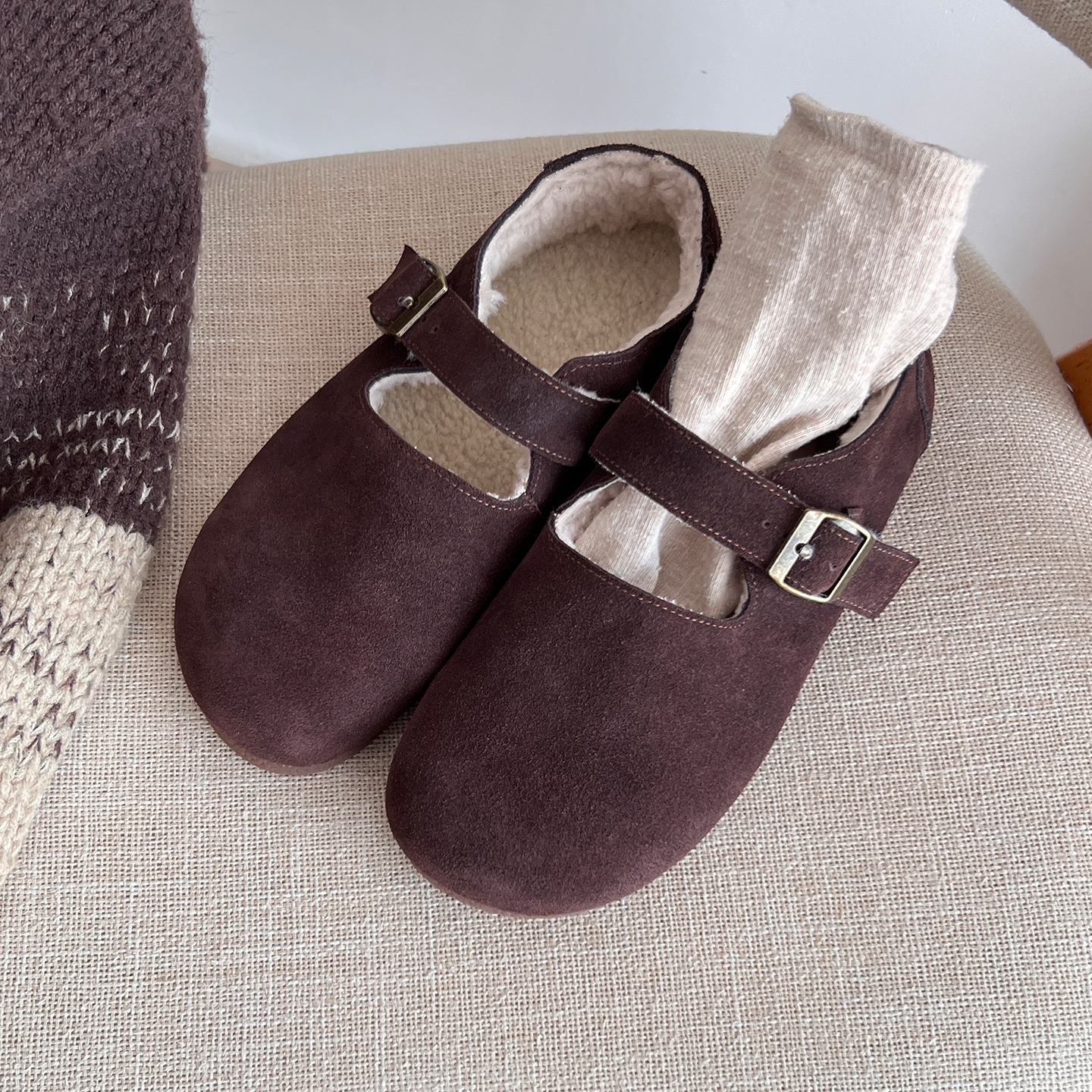 林印象牛反绒勃肯鞋一字扣玛丽珍鞋晚晚鞋加绒毛毛保暖棉鞋单鞋女