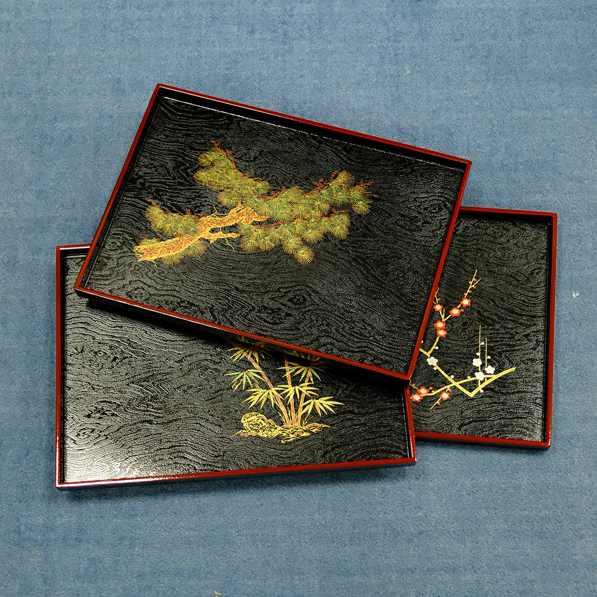 中古日本制实木大漆金莳绘松竹梅长方形黑涂茶盘 托盘