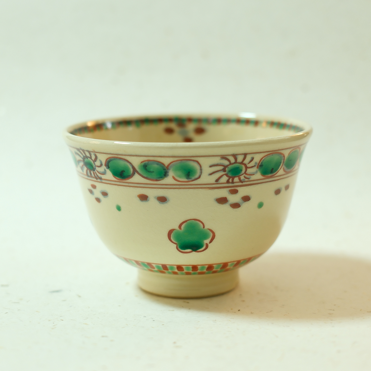 孤品中古日本制清水烧职人彩绘红绿几何花卉纹陶制茶碗 餐碗