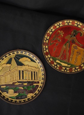 双子商店 孤品中古埃及制手工铜刻珐琅彩人物建筑装饰挂盘