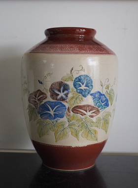 中古手绘牵牛花花瓶日式花卉花器