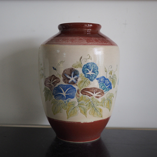 双子商店 中古日本职人作辰砂釉里红彩绘牵牛花陶制花瓶摆件 花道