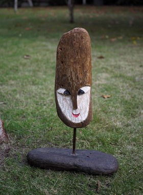 双子商店 孤品中古印尼制手工木雕彩绘人像装饰摆件