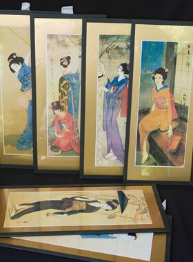 双子商店 中古日本制手工装裱日本浮世绘和服少女图装饰挂画