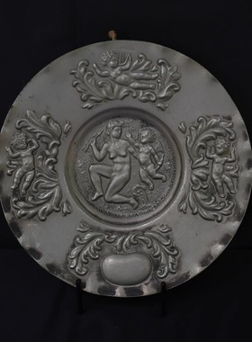 双子商店 孤品中古法国制不锈钢镀银手工浮雕爱神丘比特装饰挂盘