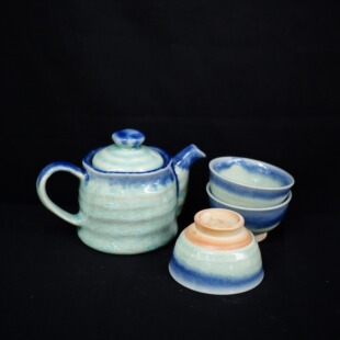 双子商店 孤品中古日本制手作窑变蓝釉冰裂纹陶制茶壶 茶杯