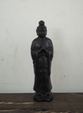 双子商店 孤品中古日本制昭和时期职人手工雕刻那智黑石菩萨摆件